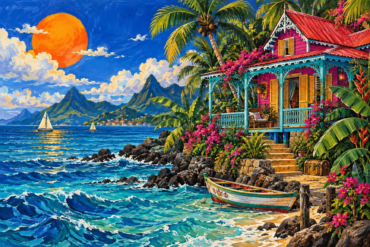 Colourful Caribbean gingerbread house and tropical scenery for Caribbean Crosswords